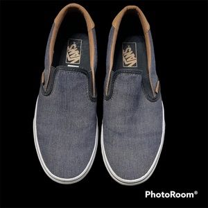 NWOT Denim/leather Vans Slip-on Men 8 / Women 9.5